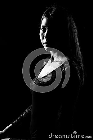 Silhouette Slim Asian Woman black straight hair Stock Photo