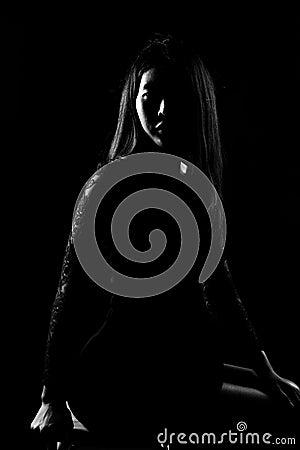 Silhouette Slim Asian Woman black straight hair Stock Photo