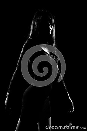 Silhouette Slim Asian Woman black straight hair Stock Photo