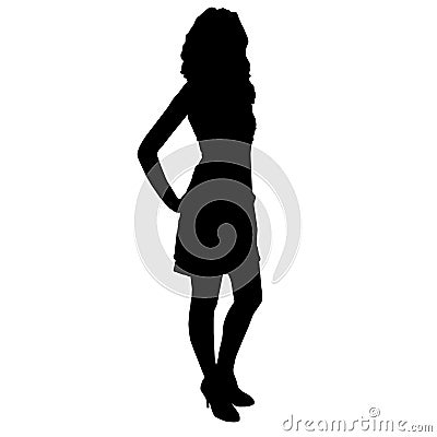Silhouette of slim beautiful woman girl with long legs clothed in cocktail dress and high heels, standing with hands on her hips Vector Illustration
