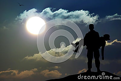 Silhouette of a soldier officer man holding on hands girl woman Stock Photo