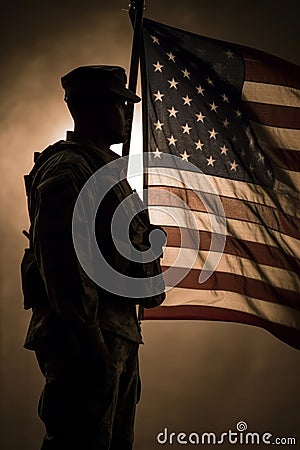 Silhouette of a soldier in uniform, with the American flag in the background, portraying strength and dedication to duty. Greeting Stock Photo