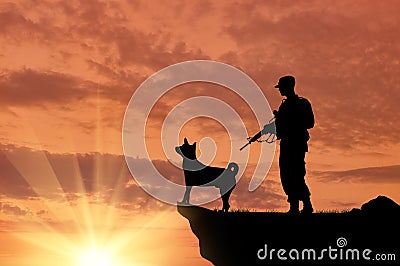 Silhouette of soldiers with weapons and dogs Stock Photo