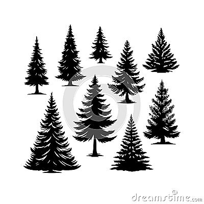 Silhouette Solid Vector Icon Set Of Christmas Tree, Yule, Fir, Tannenbaum, Evergreen, Conifer, Pine, Holiday, Festive Stock Photo