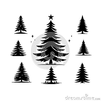 Silhouette Solid Vector Icon Set Of Christmas Tree, Yule, Fir, Tannenbaum, Evergreen, Conifer, Pine, Holiday, Festive Stock Photo