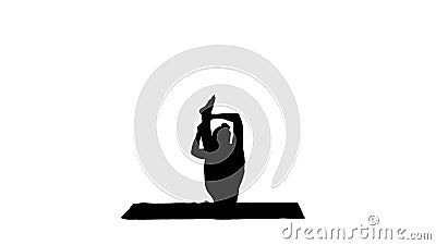 Silhouette Sporty yogi girl doing fitness practice, stretches, yoga asana Parivritta Kraunchasana. Stock Photo
