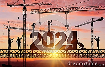 Silhouette staff works as a to prepare to welcome the new year 2024. Construction team sets numbers for New Year 2024. Large Stock Photo