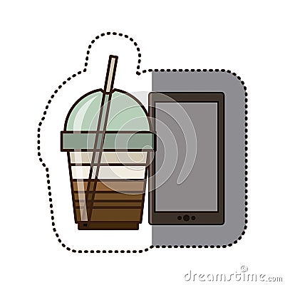 silhouette sticker color with glass of cappuccino and smart phone Cartoon Illustration