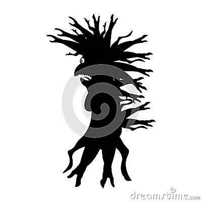 The silhouette of a strange creature is like a Baba Yaga with tree branches. Vector Illustration