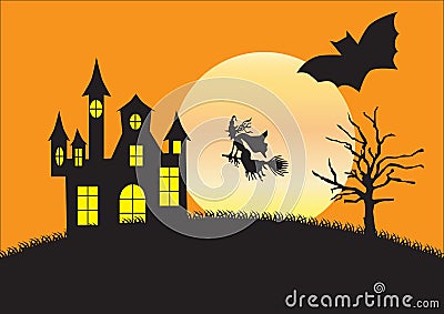 Silhouette of strange house, witch and bat Vector Illustration