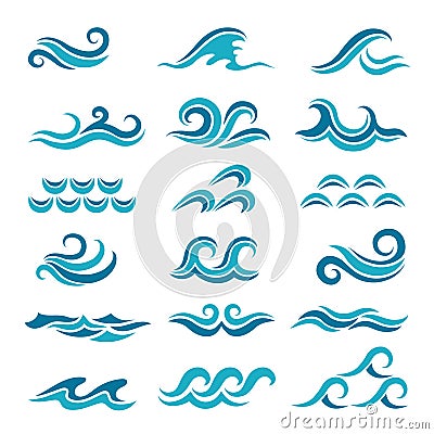 Silhouette of stylized vector blue waves isolate on white Vector Illustration