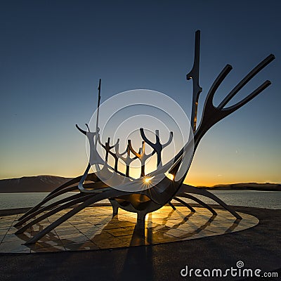 Silhouette of the Sun Voyager SÃ³lfar sculpture at sunrise Editorial Stock Photo