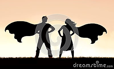 Silhouette of SuperHero Man and Woman Couple in Capes Standing Strong Stock Photo