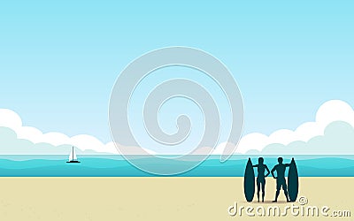 Silhouette surfer on beach at noon with blue color sky in flat icon design background Stock Photo