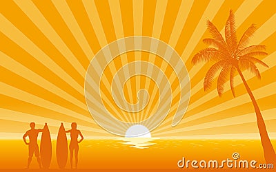 Silhouette surfer carrying surfboard on beach with sun shine ray background Stock Photo