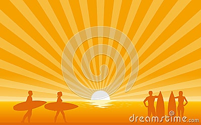 Silhouette surfer carrying surfboard on beach with sun shine ray background Stock Photo