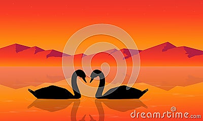 Silhouette of swan with mountain background scenery Vector Illustration