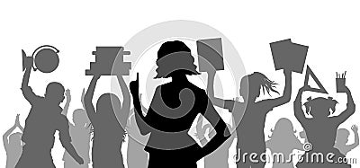 Silhouette of teacher on background of cheerful crowd of school children or pupils with school supplies. Back to school. Vector Vector Illustration