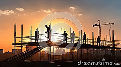 Silhouette Teams of Business Engineers looking for blueprints in construction sites through blurry construction sites at sunset Stock Photo