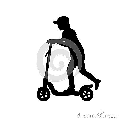 Silhouette teenage boy riding scooter Vector Illustration