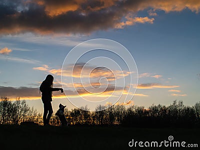 Silhouette of a teenager girl with her small yorkshire terrier in a field against beautiful sunset sky. Girl has a toy in her hand Stock Photo