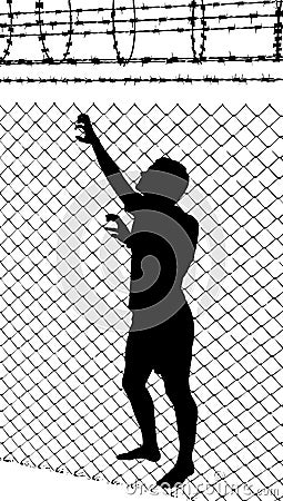 Silhouette of teenager trying to escape from wired enclosure Vector Illustration