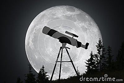 Silhouette of telescope and big moon in background. Astronomy and exploration of universe concept. Stock Photo