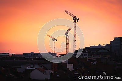 Silhouette of Three Cranes from a Construction Site in Brussels Belgium on a twilight sunset Stock Photo