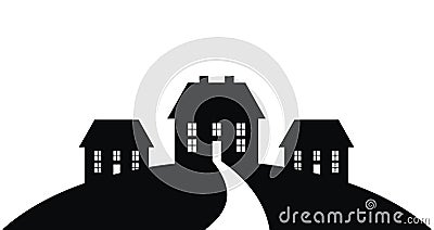 Silhouette of three houses with a path to the entrance. Vector black icon. Vector Illustration