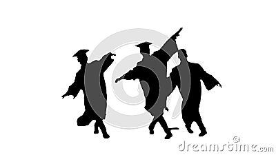 Silhouette Three male graduates in robes and mortarboards dancin Stock Photo