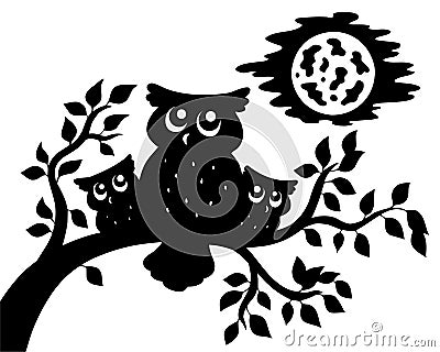 Silhouette of three owls on branch Vector Illustration
