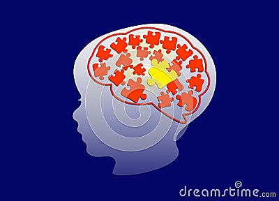 Silhouette a toddler child`s head with brain, jigsaws puzzles inside the brain. Growth up idea states of mind and brain de Stock Photo