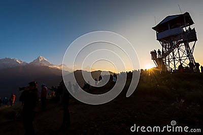 Silhouette tourists meet the sunrise at top of Poonhill 3,210m ,Nepal. Editorial Stock Photo