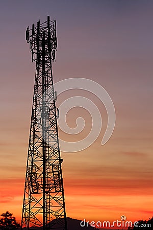 Silhouette tower telecoms at sunset Stock Photo
