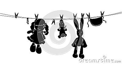 Silhouette toys drying on rope after washing Vector Illustration