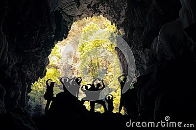 Silhouette of traveler in Nang Aen Cave at Lam Khlong Ngu National Park, Kanchanaburi Unseen in Thailand Editorial Stock Photo