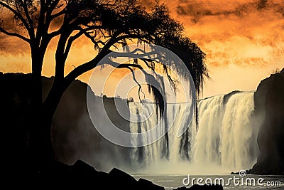 silhouette of a tree against a roaring waterfall Stock Photo