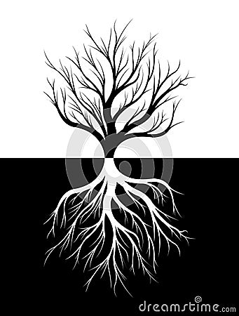 Silhouette of a tree and its roots. Cartoon Illustration