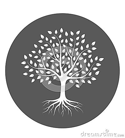 Silhouette of a tree with roots and leaves in circle. Vector illustration logo. Vector Illustration