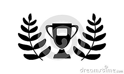 Silhouette of trophy cup with handles and twigs of laurel. Hand drawn simple illustration for champion, victory in sport. Black Vector Illustration