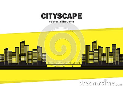 Silhouette of two cities connected by bridge on yellow background with space for text. Isolated Cityscape Vector Illustration