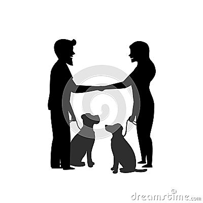 Silhouette of two dog owners training their pets to sit close behave when meeting greeting each other Vector Illustration