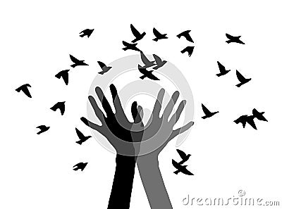 Silhouette of two hands and the birds Vector Illustration