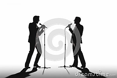 Silhouette of a two male vocalists singing with microphones Cartoon Illustration