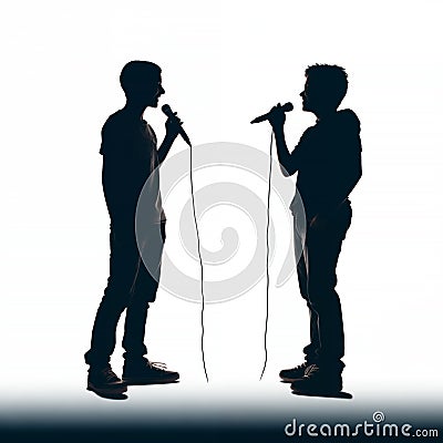 Silhouette of a two male vocalists singing with microphones Cartoon Illustration