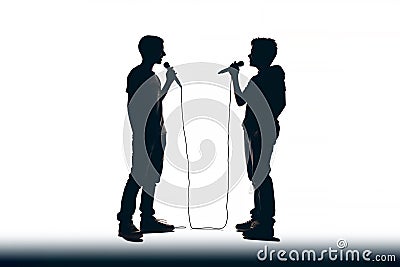 Silhouette of a two male vocalists singing with microphones Cartoon Illustration