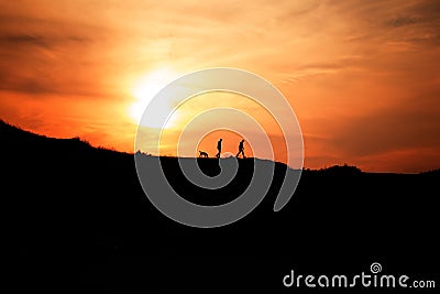 silhouette of two mans and the dog. Stock Photo