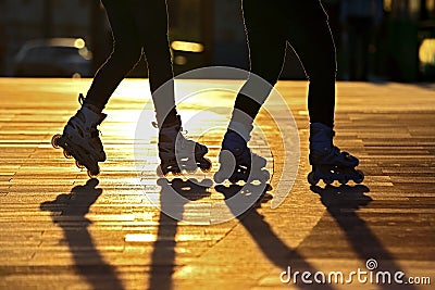 Silhouette of two pairs of legs on roller skates Stock Photo