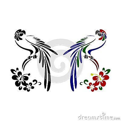 Silhouette of two parrots color and black, cartoon on white ba Vector Illustration