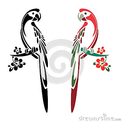 Silhouette of two parrots color and black, cartoon on white Vector Illustration